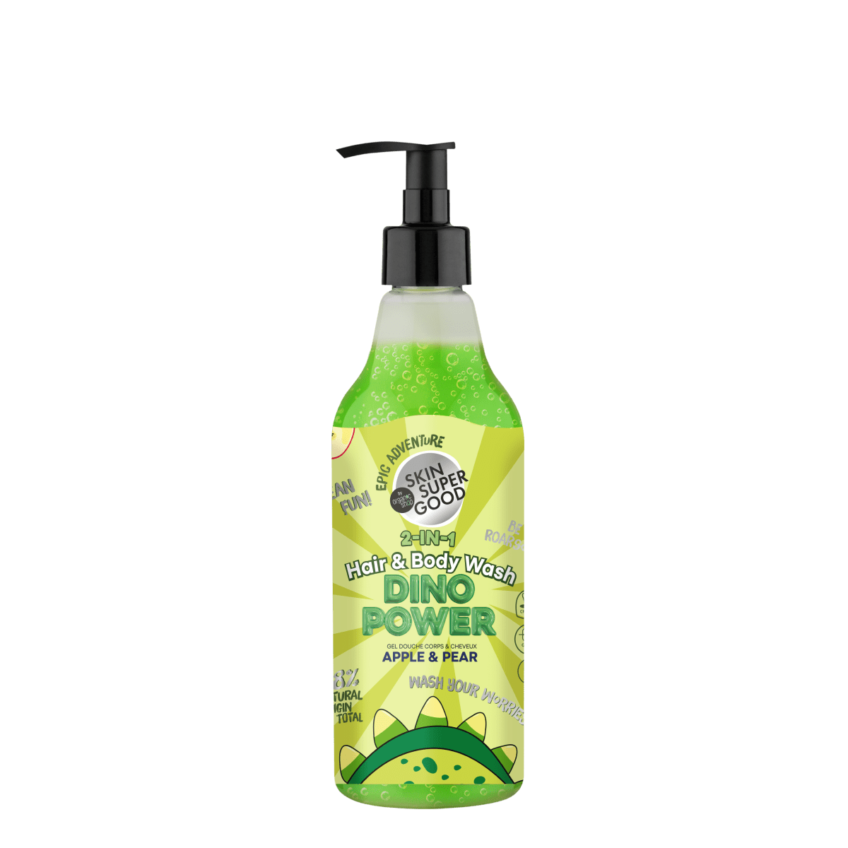 Skin Super Good „Dino Power” 2 az 1-ben sampon és tusfürdő almával és körtével 500ml